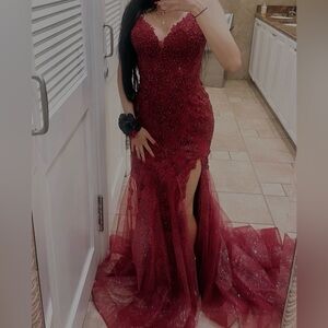 Ellie Wilde Burgundy Prom Dress with Beaded Details